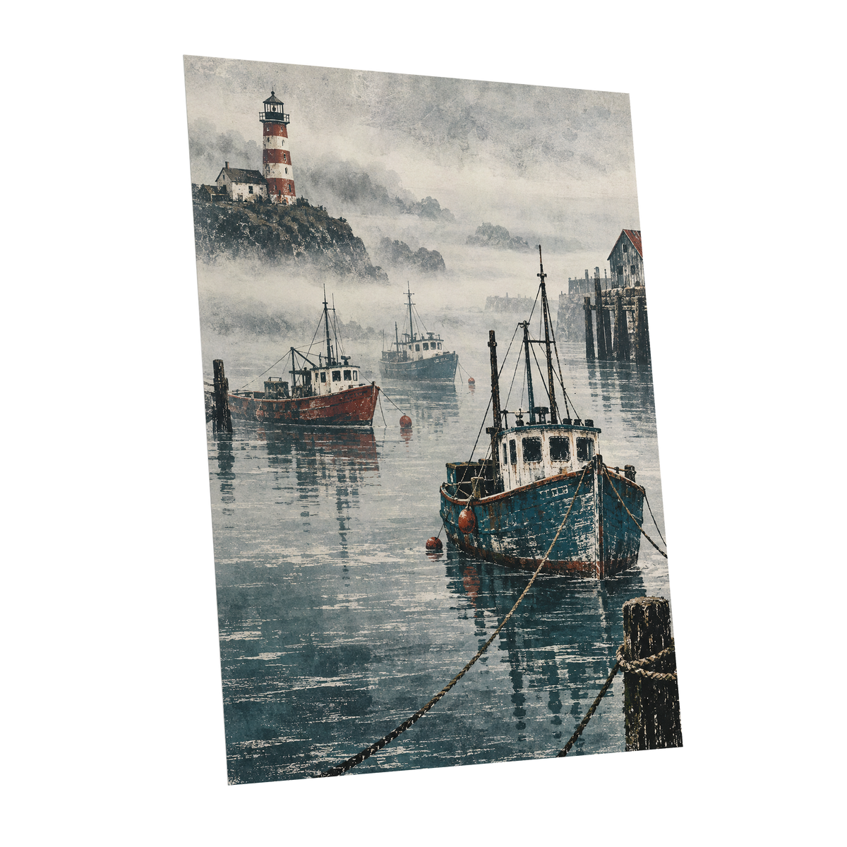 Harbour in the Haze, blue, gray, white nature wall art shown as a unframed poster wall art print