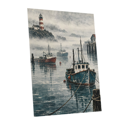 Harbour in the Haze, blue, gray, white nature wall art shown as a unframed poster wall art print