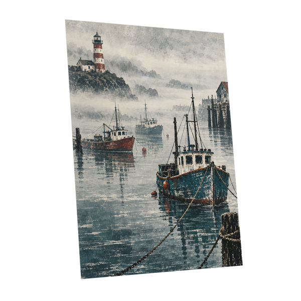 Harbour in the Haze, blue, gray, white nature wall art shown as a unframed poster wall art print