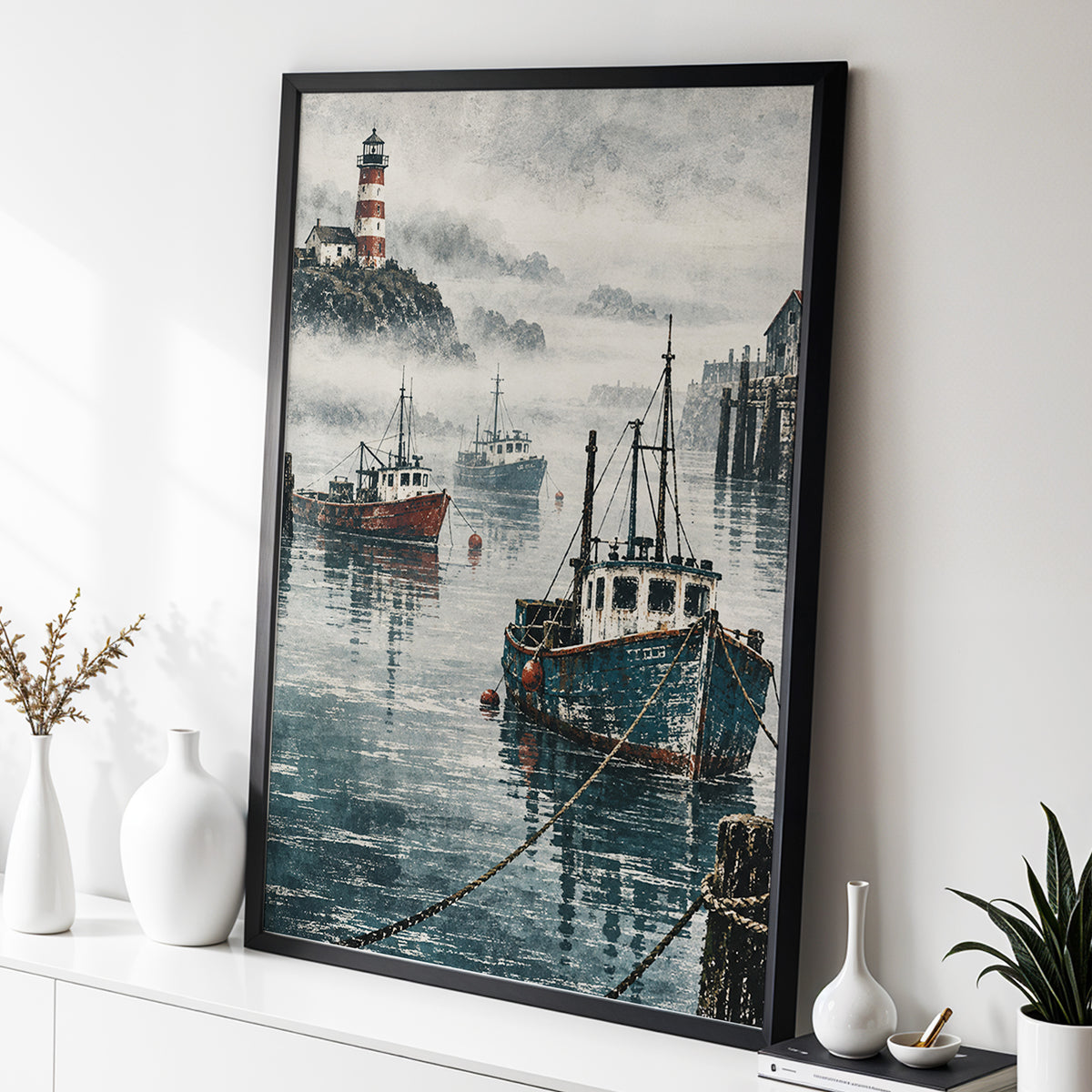 Harbour in the Haze, blue, gray, white nature wall art displayed in a styled interior, gallery view 2