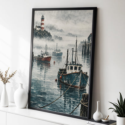 Harbour in the Haze, blue, gray, white nature wall art displayed in a styled interior, gallery view 2