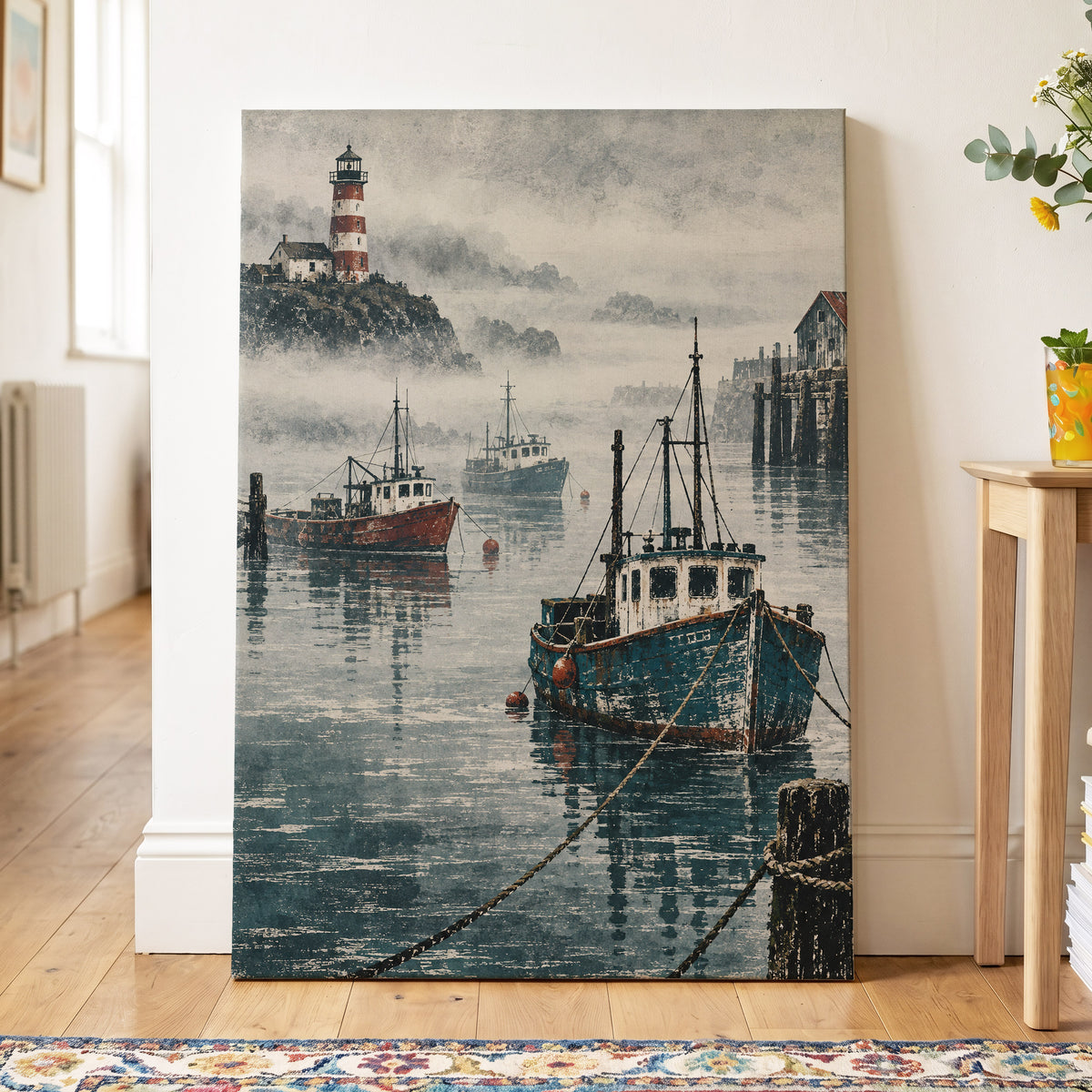 Harbour in the Haze, blue, gray, white nature wall art displayed in a styled interior, gallery view 3
