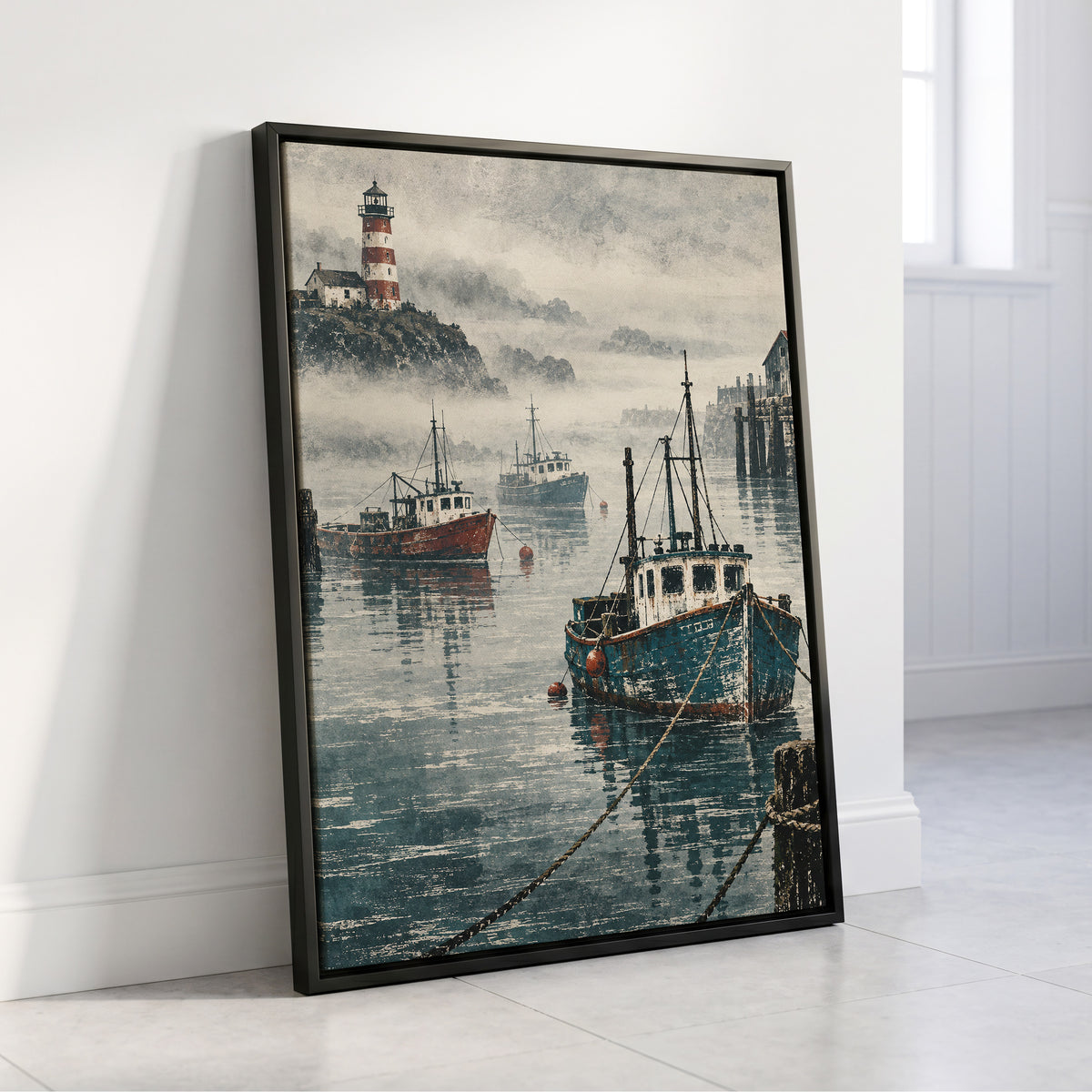 Harbour in the Haze, blue, gray, white nature wall art displayed in a styled interior, gallery view 4