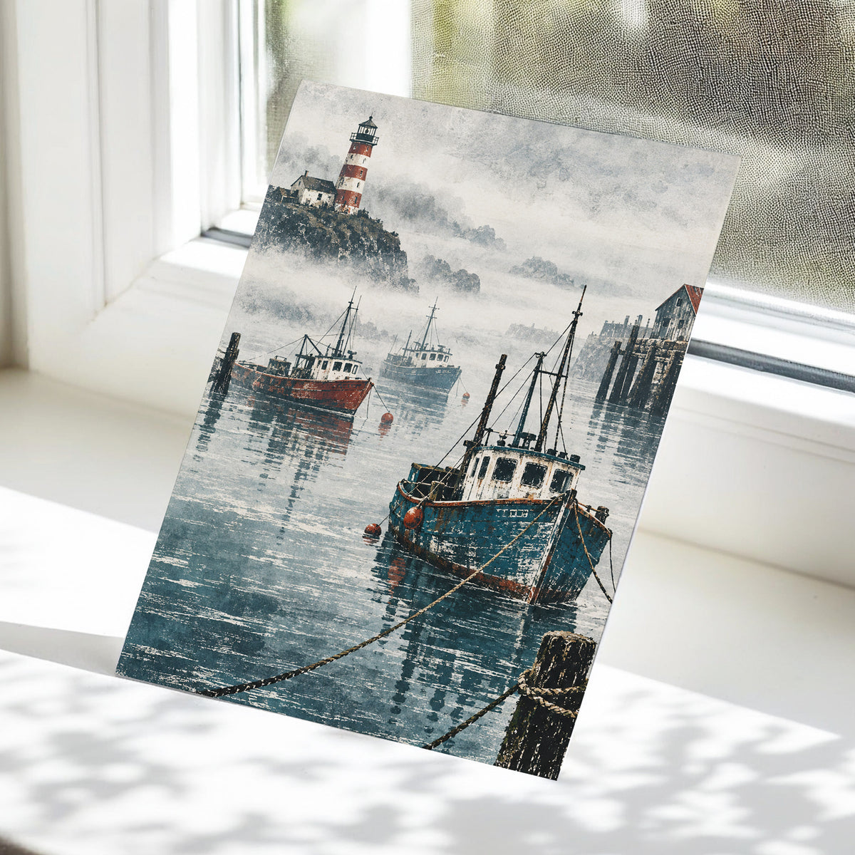 Harbour in the Haze, blue, gray, white nature wall art displayed in a styled interior, gallery view 5