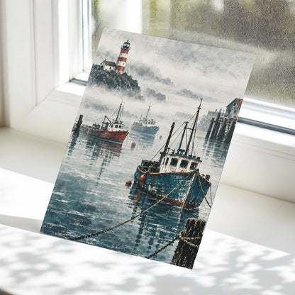 Harbour in the Haze, blue, gray, white nature wall art displayed in a styled interior, gallery view 5