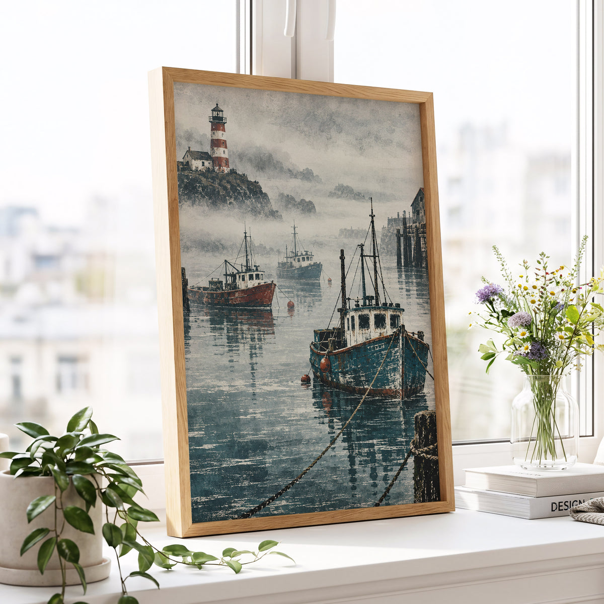 Harbour in the Haze, blue, gray, white nature wall art displayed in a styled interior, gallery view 6