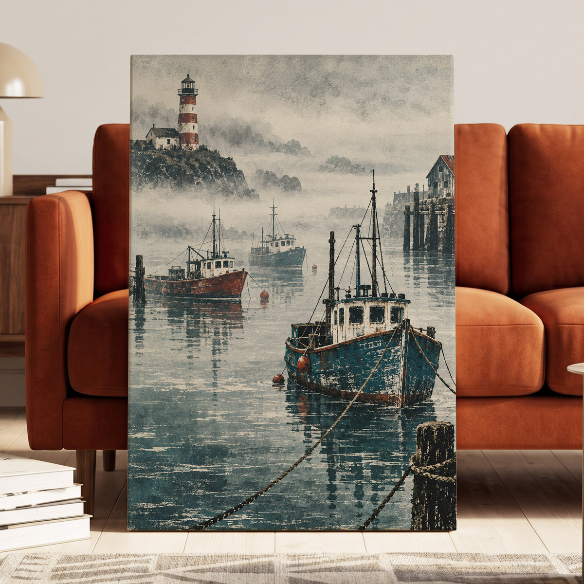Harbour in the Haze, blue, gray, white nature wall art displayed in a styled interior, gallery view 7