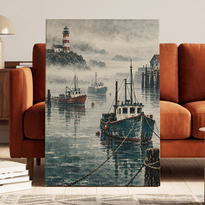 Harbour in the Haze, blue, gray, white nature wall art displayed in a styled interior, gallery view 7