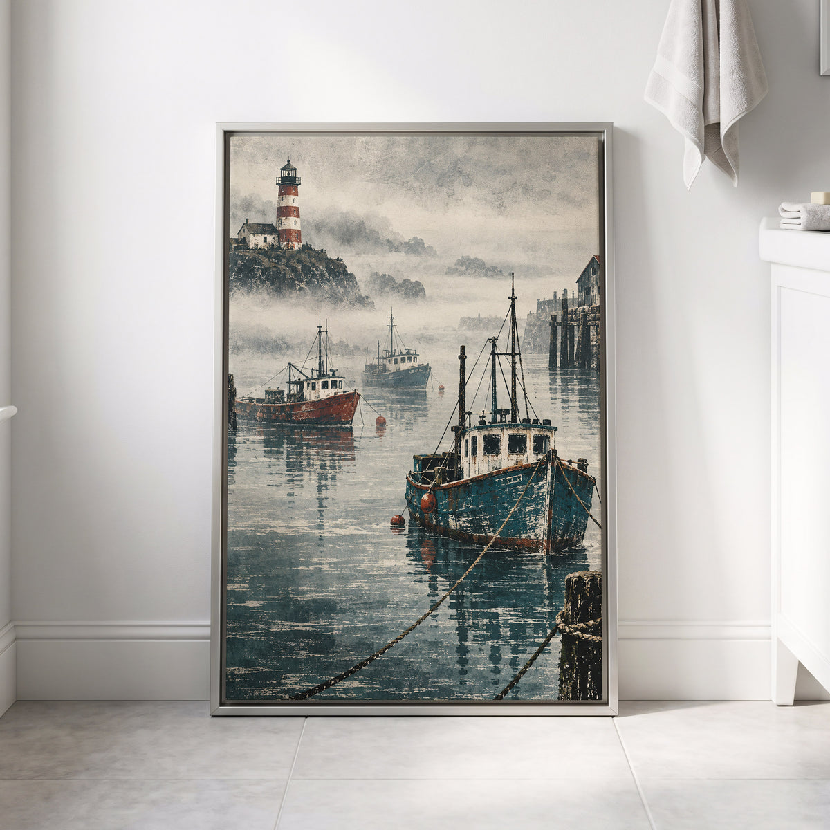 Harbour in the Haze, blue, gray, white nature wall art displayed in a styled interior, gallery view 8
