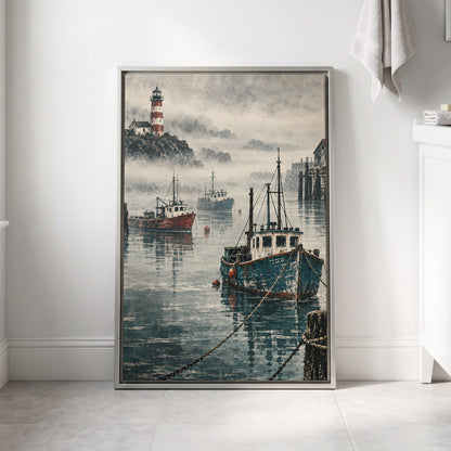 Harbour in the Haze, blue, gray, white nature wall art displayed in a styled interior, gallery view 8