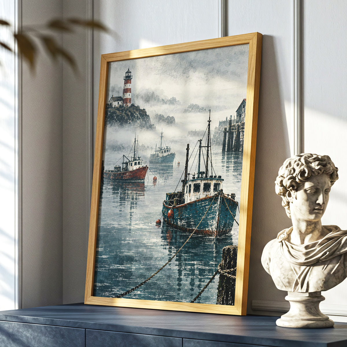 Harbour in the Haze, blue, gray, white nature wall art displayed in a styled interior, gallery view 9