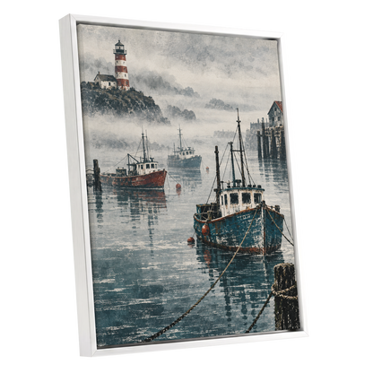 Harbour in the Haze, blue, gray, white nature wall art shown as a white framed canvas wall art