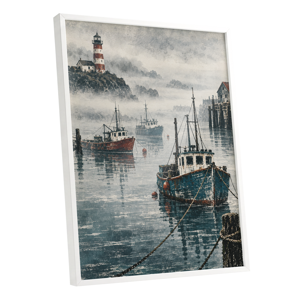 Harbour in the Haze, blue, gray, white nature wall art shown as a white framed poster wall art print