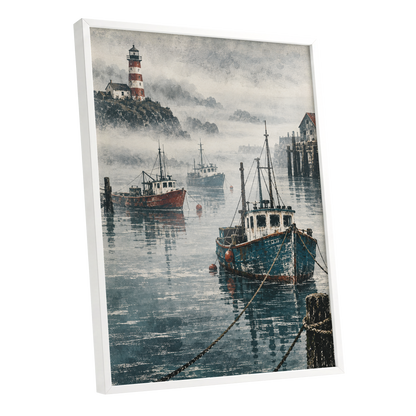 Harbour in the Haze, blue, gray, white nature wall art shown as a white framed poster wall art print