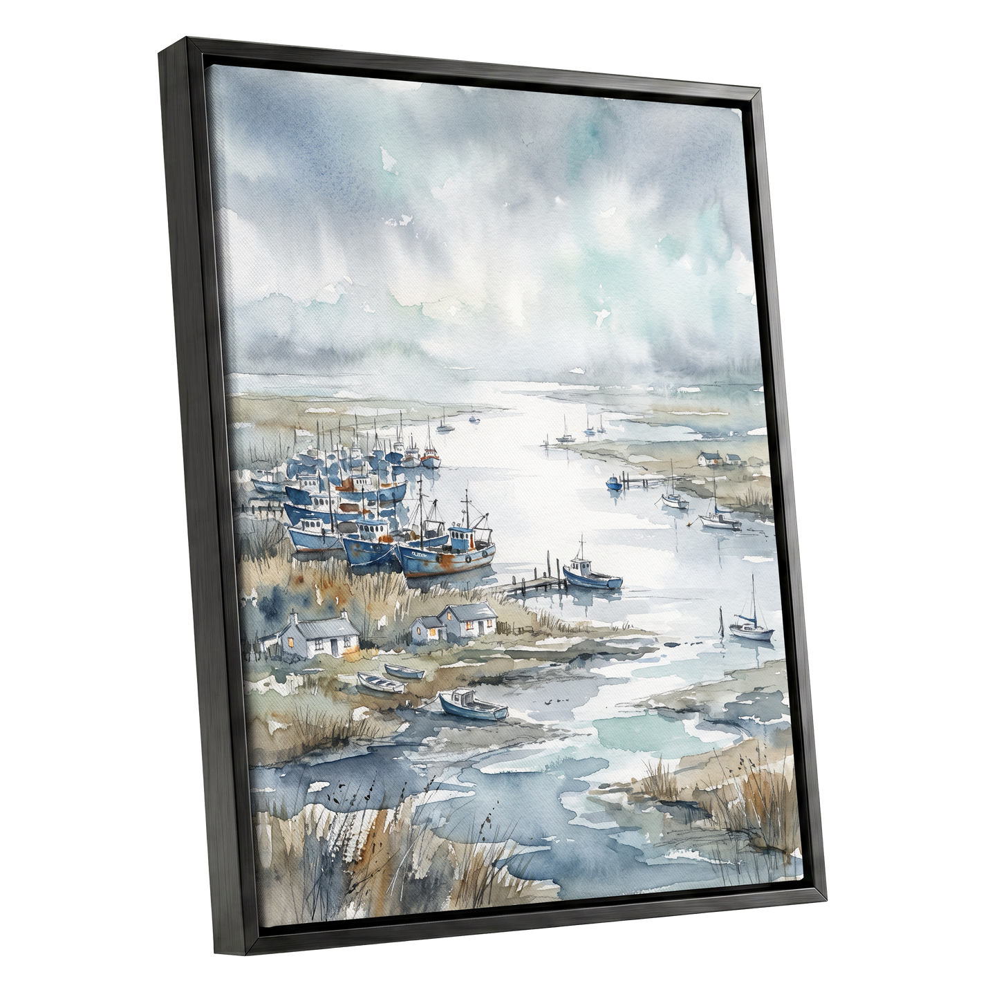 Harbour in the Quiet, blue, gray, white nature wall art shown as a black framed canvas wall art