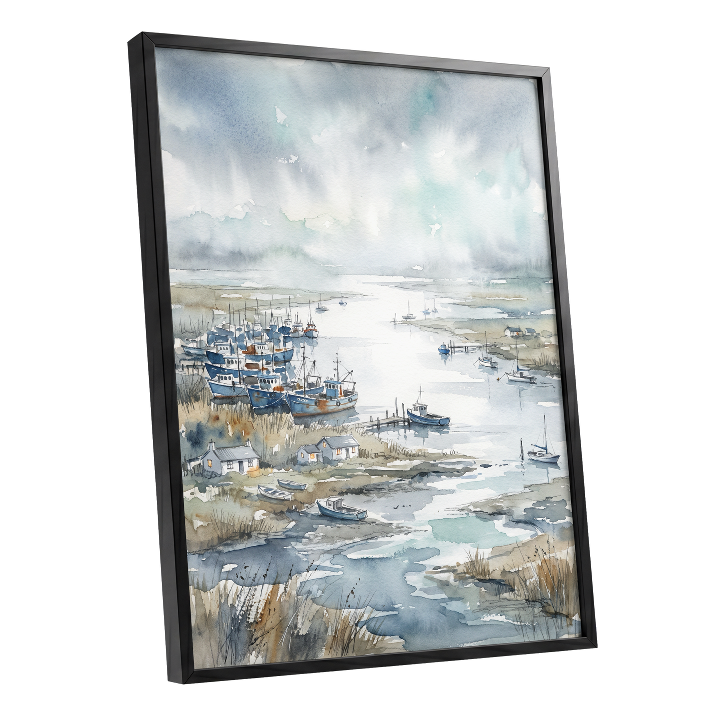 Harbour in the Quiet, blue, gray, white nature wall art shown as a black framed poster wall art print