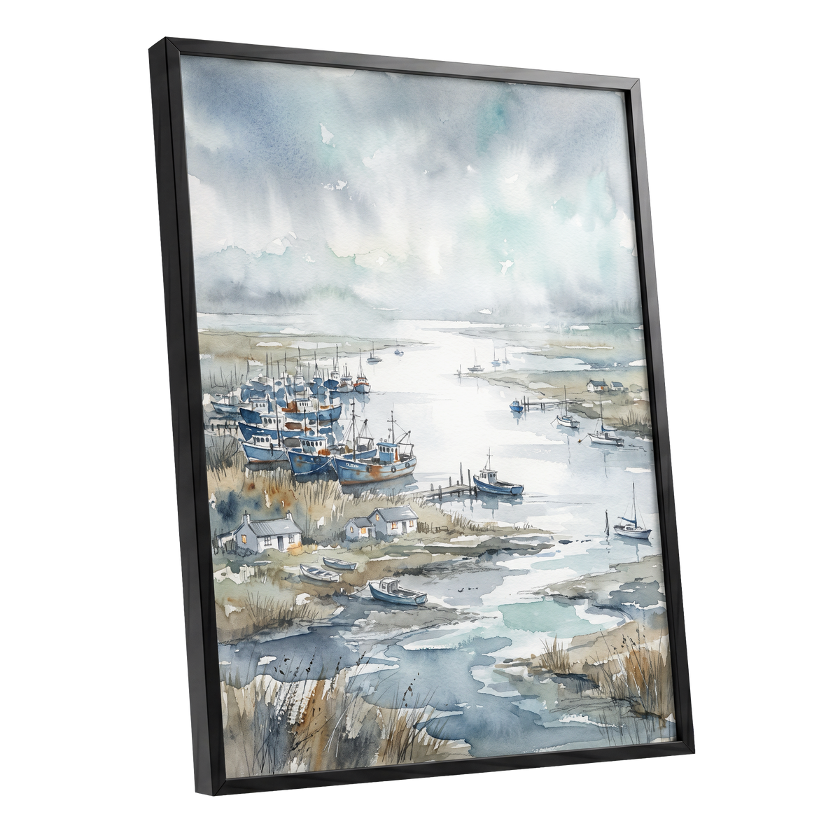 Harbour in the Quiet, blue, gray, white nature wall art shown as a black framed poster wall art print