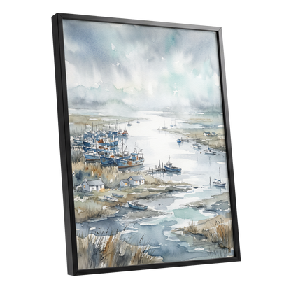 Harbour in the Quiet, blue, gray, white nature wall art shown as a black framed poster wall art print