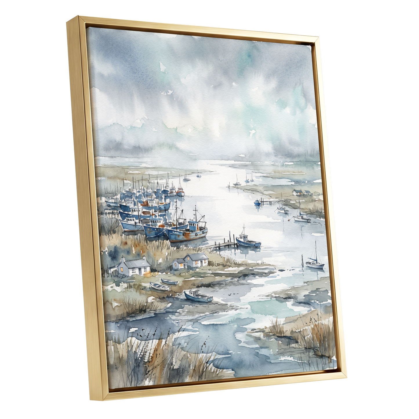 Harbour in the Quiet, blue, gray, white nature wall art shown as a gold framed canvas wall art