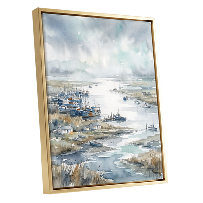 Harbour in the Quiet, blue, gray, white nature wall art shown as a gold framed canvas wall art