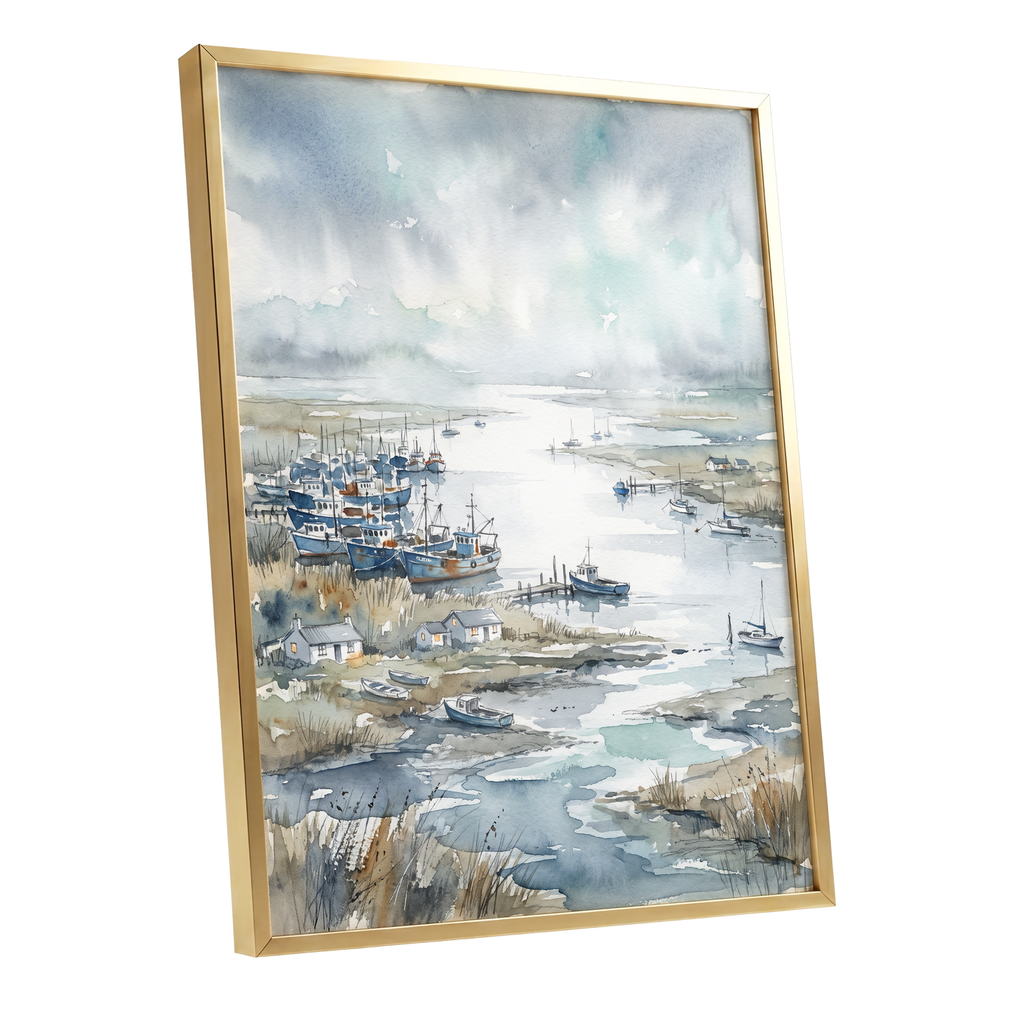 Harbour in the Quiet, blue, gray, white nature wall art shown as a gold framed poster wall art print
