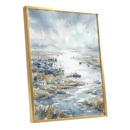 Harbour in the Quiet, blue, gray, white nature wall art shown as a gold framed poster wall art print