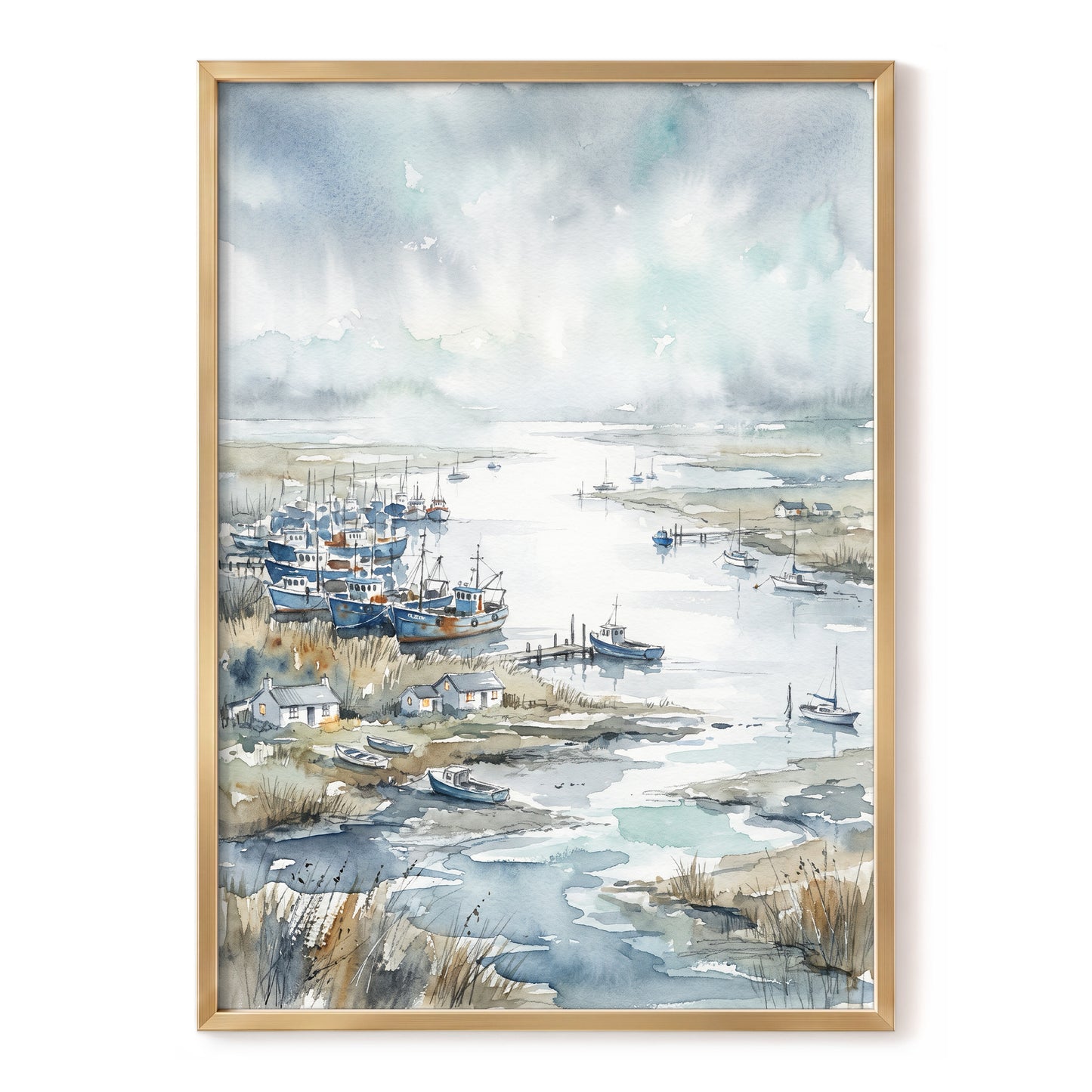 Harbour in the Quiet, blue, gray, white nature wall art, front artwork view