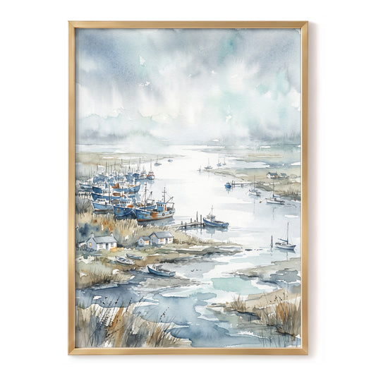 Harbour in the Quiet, blue, gray, white nature wall art, front artwork view