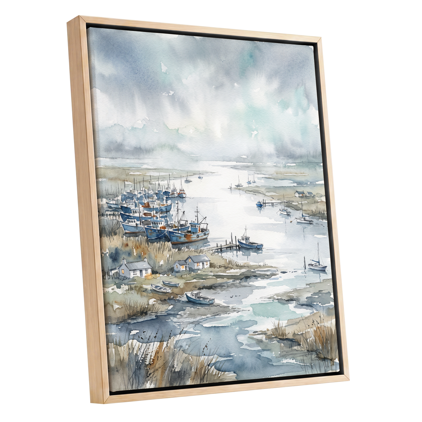 Harbour in the Quiet, blue, gray, white nature wall art shown as a oak framed canvas wall art