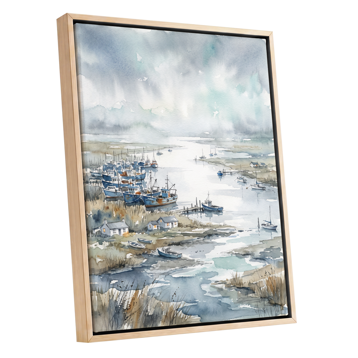 Harbour in the Quiet, blue, gray, white nature wall art shown as a oak framed canvas wall art