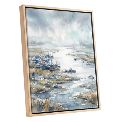 Harbour in the Quiet, blue, gray, white nature wall art shown as a oak framed canvas wall art