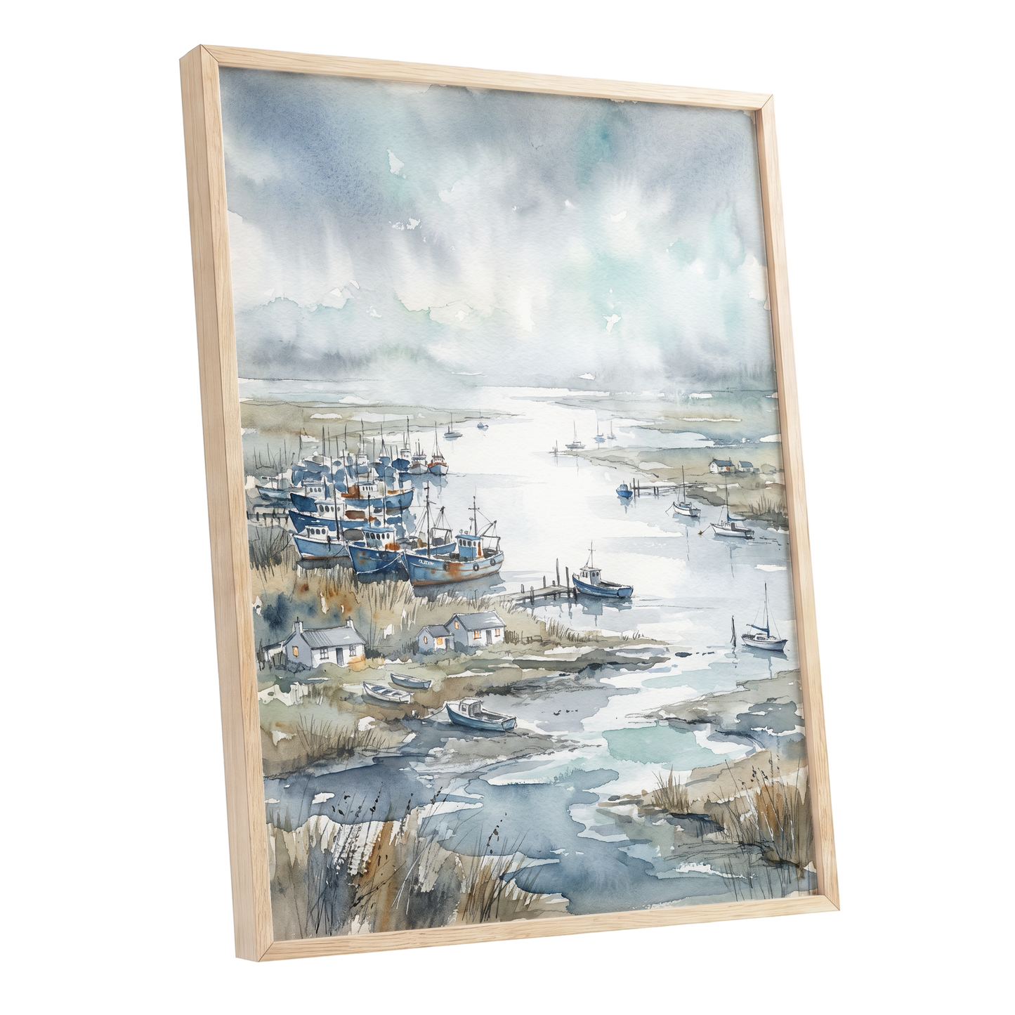 Harbour in the Quiet, blue, gray, white nature wall art shown as a oak framed poster wall art print