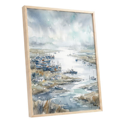 Harbour in the Quiet, blue, gray, white nature wall art shown as a oak framed poster wall art print