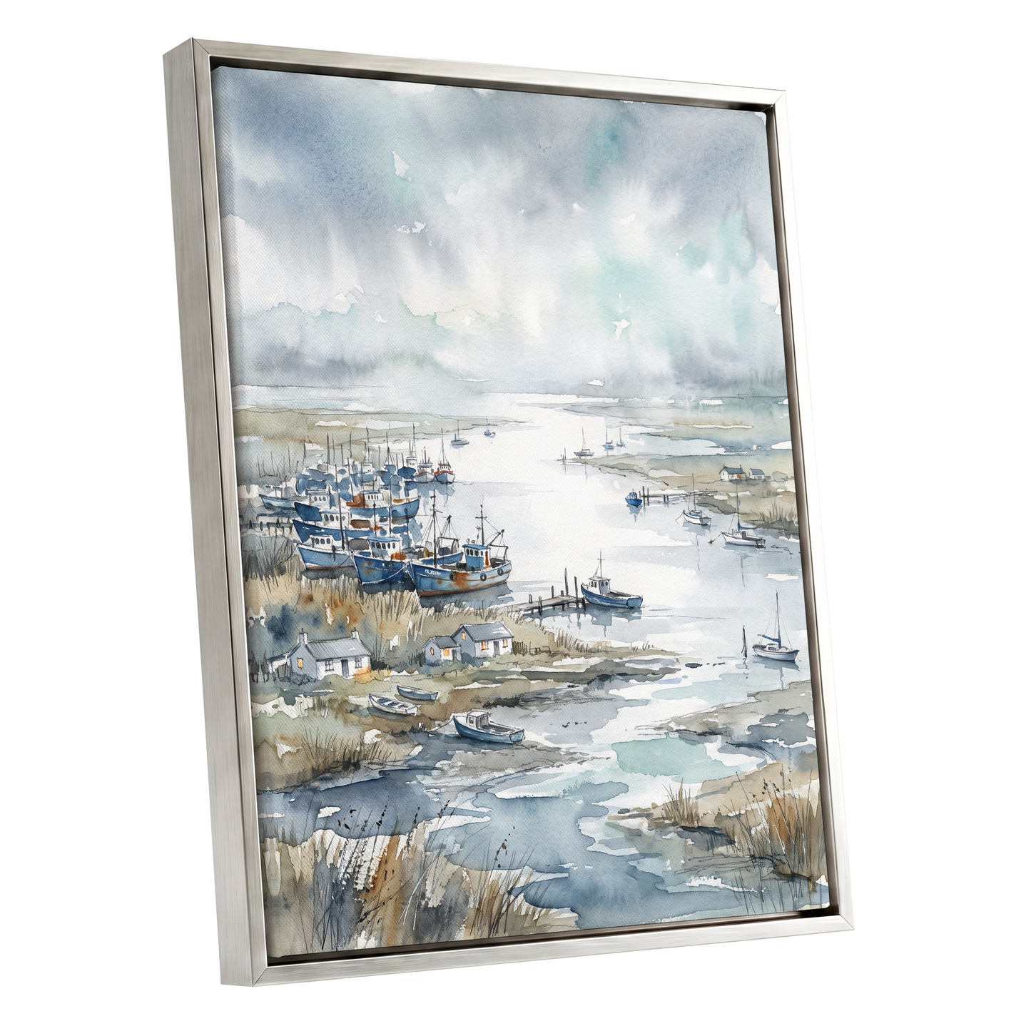 Harbour in the Quiet, blue, gray, white nature wall art shown as a silver framed canvas wall art