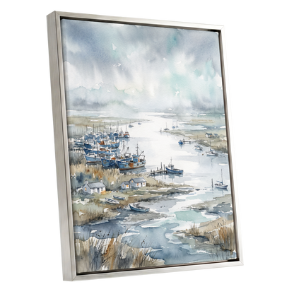 Harbour in the Quiet, blue, gray, white nature wall art shown as a silver framed canvas wall art
