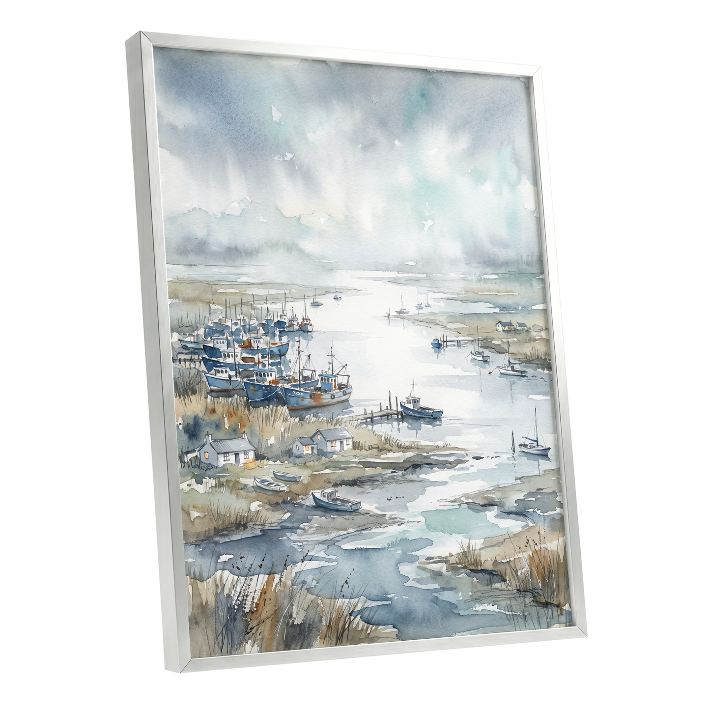 Harbour in the Quiet, blue, gray, white nature wall art shown as a silver framed poster wall art print