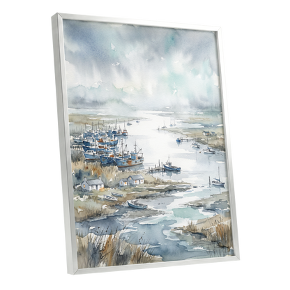 Harbour in the Quiet, blue, gray, white nature wall art shown as a silver framed poster wall art print