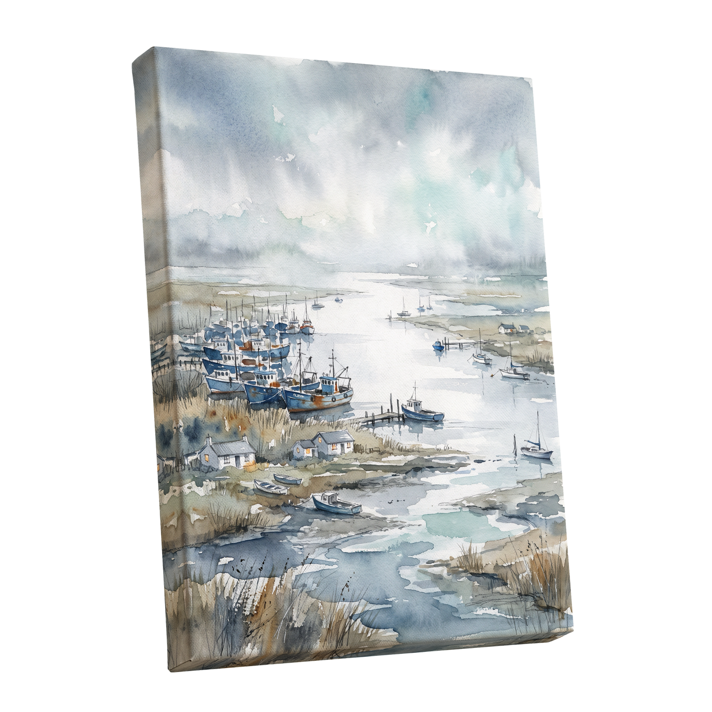 Harbour in the Quiet, blue, gray, white nature wall art shown as a stretched canvas wall art