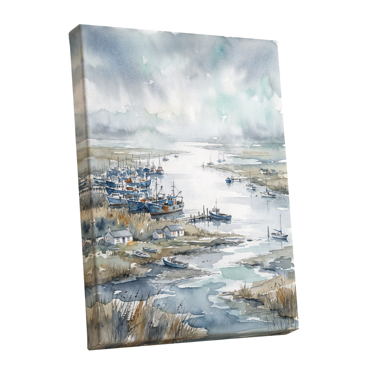 Harbour in the Quiet, blue, gray, white nature wall art shown as a stretched canvas wall art