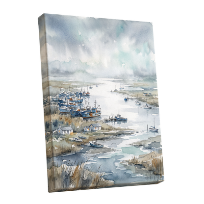 Harbour in the Quiet, blue, gray, white nature wall art shown as a stretched canvas wall art