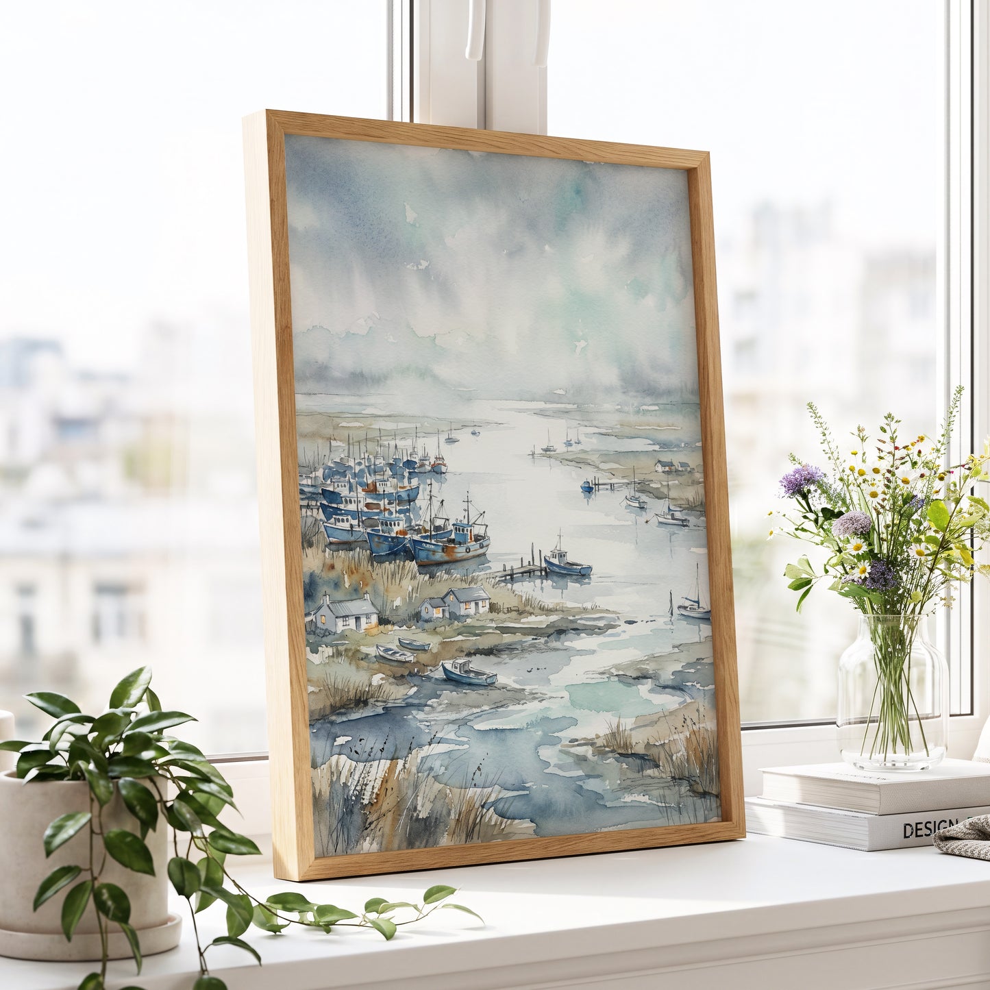 Harbour in the Quiet, blue, gray, white nature wall art displayed in a styled interior, gallery view 2
