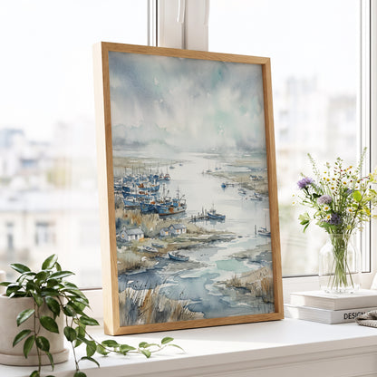 Harbour in the Quiet, blue, gray, white nature wall art displayed in a styled interior, gallery view 2