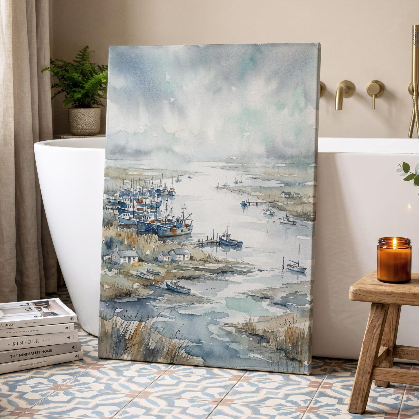 Harbour in the Quiet, blue, gray, white nature wall art displayed in a styled interior, gallery view 3