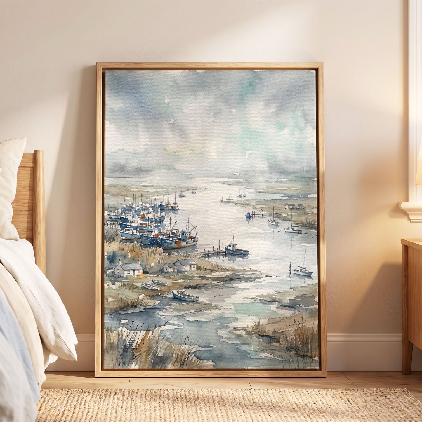 Harbour in the Quiet, blue, gray, white nature wall art displayed in a styled interior, gallery view 4