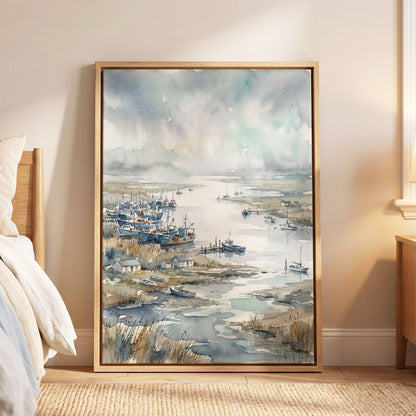 Harbour in the Quiet, blue, gray, white nature wall art displayed in a styled interior, gallery view 4