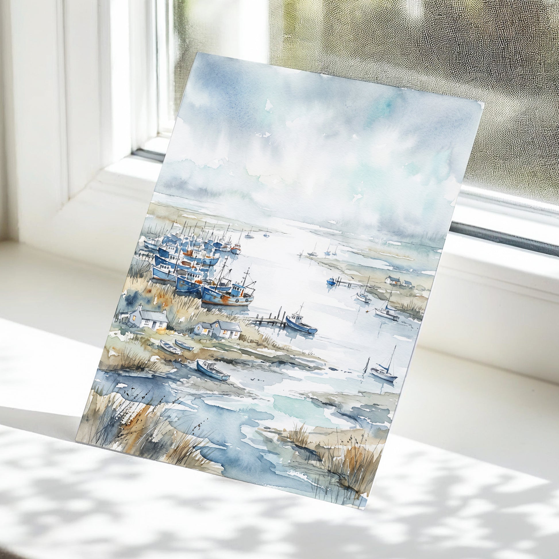 Harbour in the Quiet, blue, gray, white nature wall art displayed in a styled interior, gallery view 5