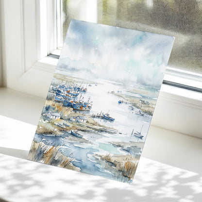 Harbour in the Quiet, blue, gray, white nature wall art displayed in a styled interior, gallery view 5