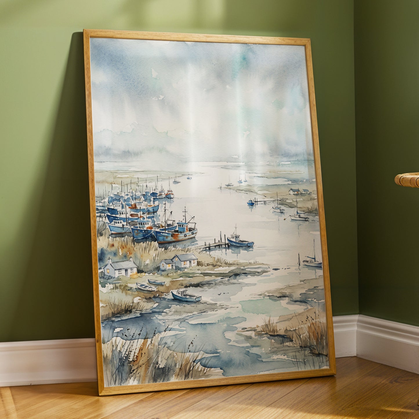 Harbour in the Quiet, blue, gray, white nature wall art displayed in a styled interior, gallery view 6