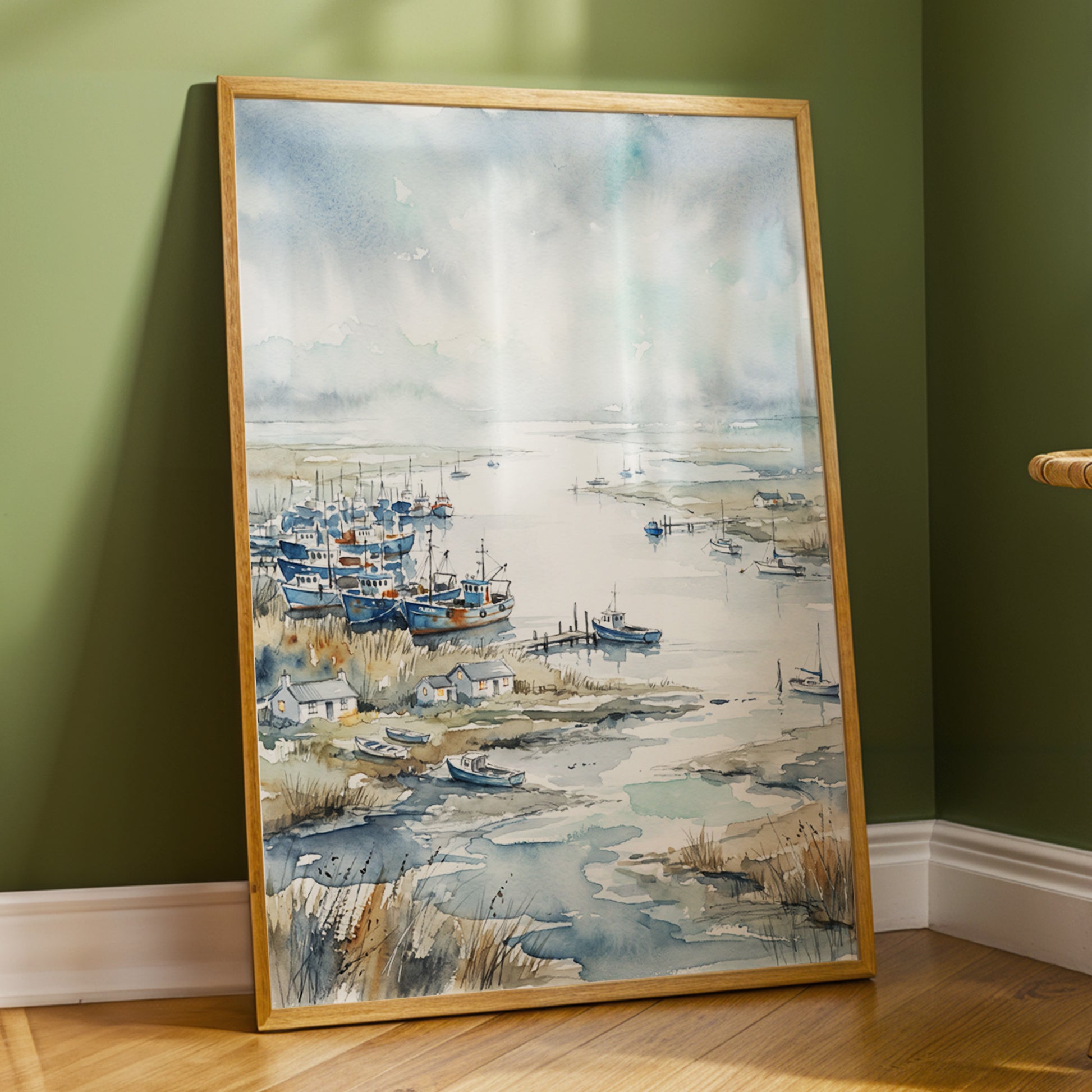 Harbour in the Quiet, blue, gray, white nature wall art displayed in a styled interior, gallery view 6
