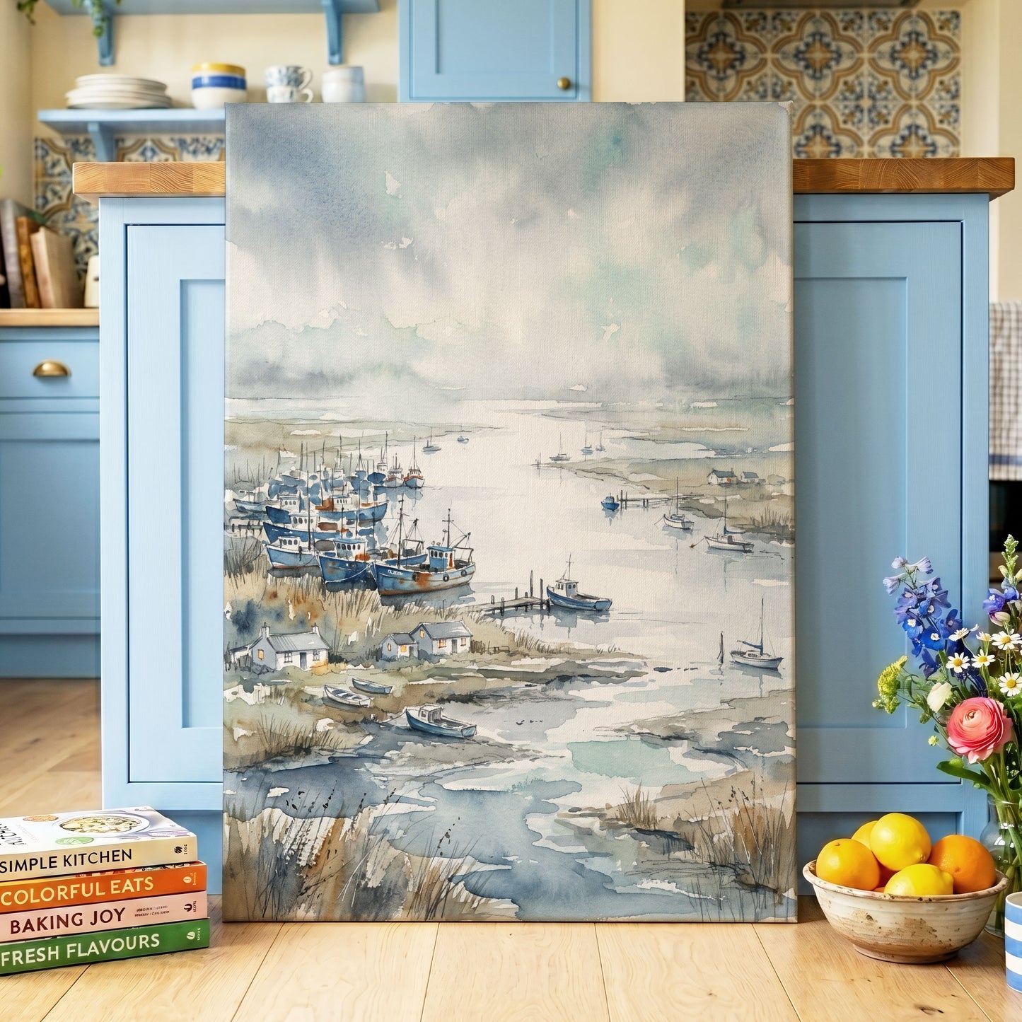 Harbour in the Quiet, blue, gray, white nature wall art displayed in a styled interior, gallery view 7
